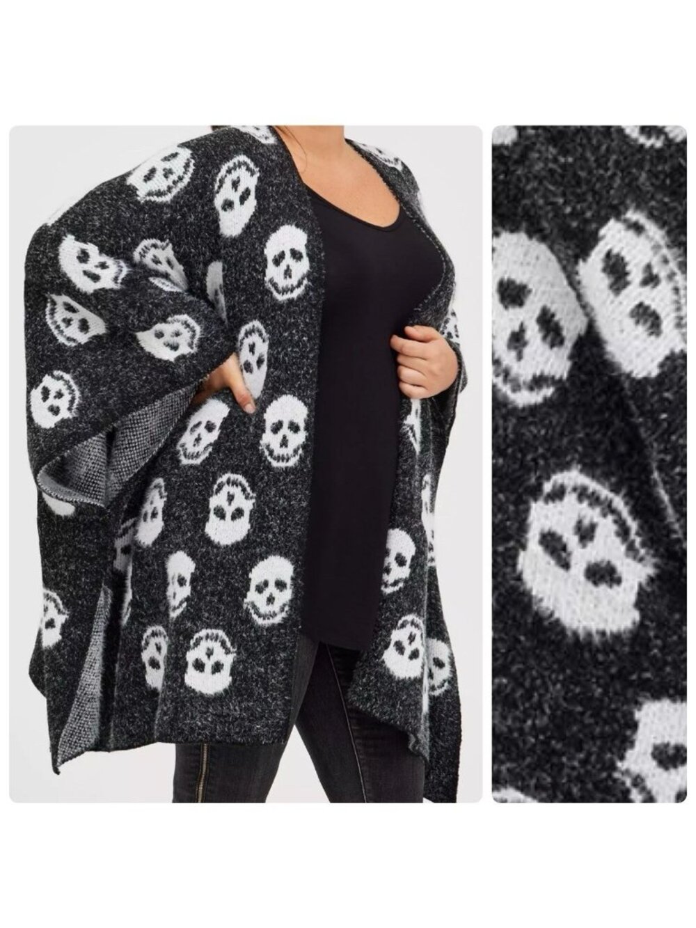 Torrid Women's Ruana Eyelash Yarn Skull Print Kimono Poncho Black White OS